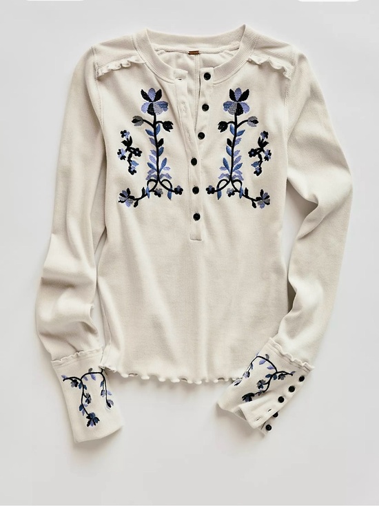 Free People Tops - Free People Fleur Embroidered Cuff Henley size Small